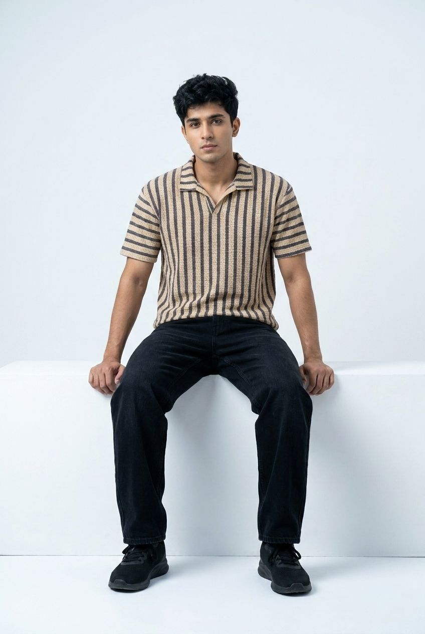 Gambluss Beige & Black Striped Turkish Textured Drop Shoulder Polo Shirt | Premium Men's Knit Polo