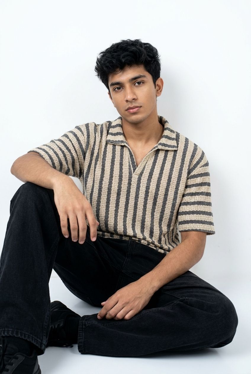 Gambluss White & Black + Beige & Black Striped Turkish Textured Drop Shoulder Polo Shirt | Bundle Of 2
