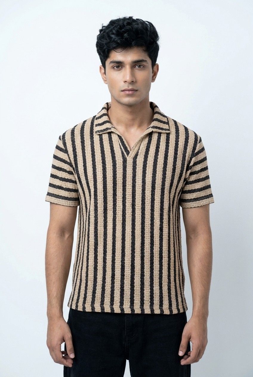 Gambluss White & Black + Beige & Black Striped Turkish Textured Drop Shoulder Polo Shirt | Bundle Of 2