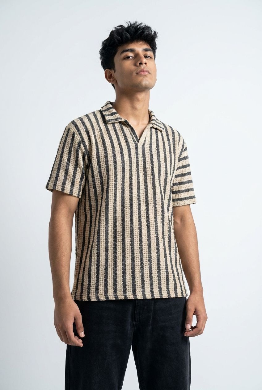 Gambluss White & Black + Beige & Black Striped Turkish Textured Drop Shoulder Polo Shirt | Bundle Of 2