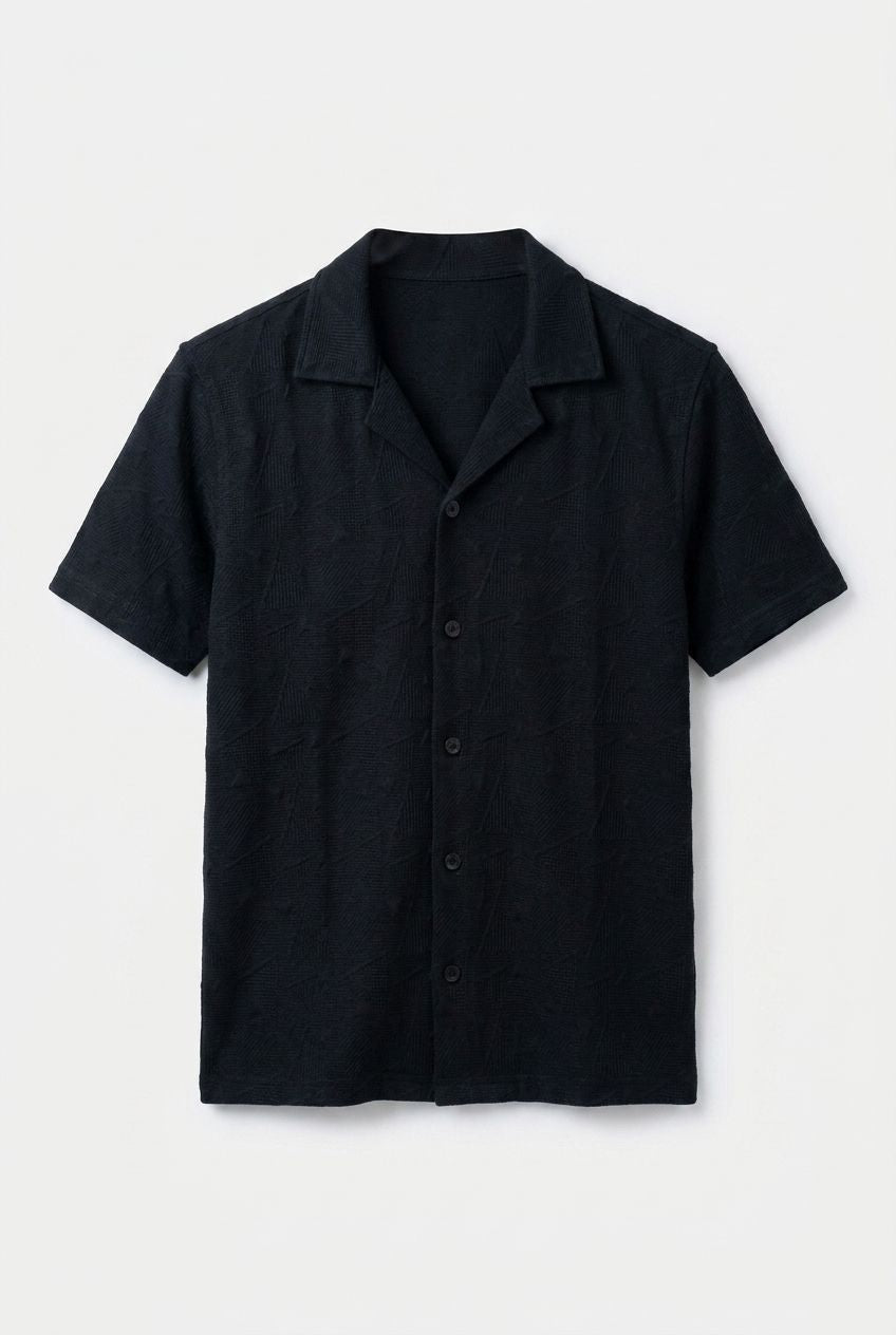 Gambluss Black Textured Cuban Collar Shirt | Premium Men's Stretch Half Sleeve Shirt