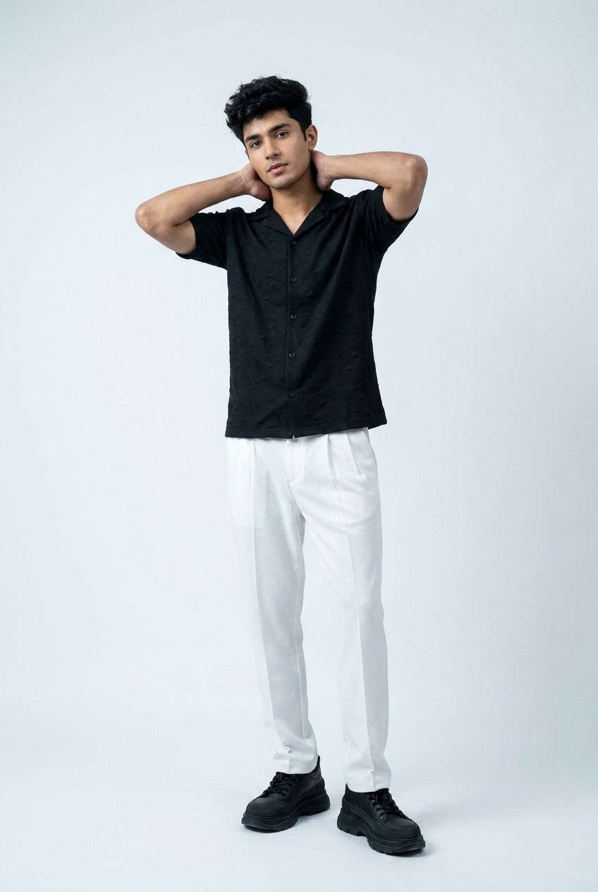 Gambluss Black Textured Cuban Collar Shirt | Premium Men's Stretch Half Sleeve Shirt