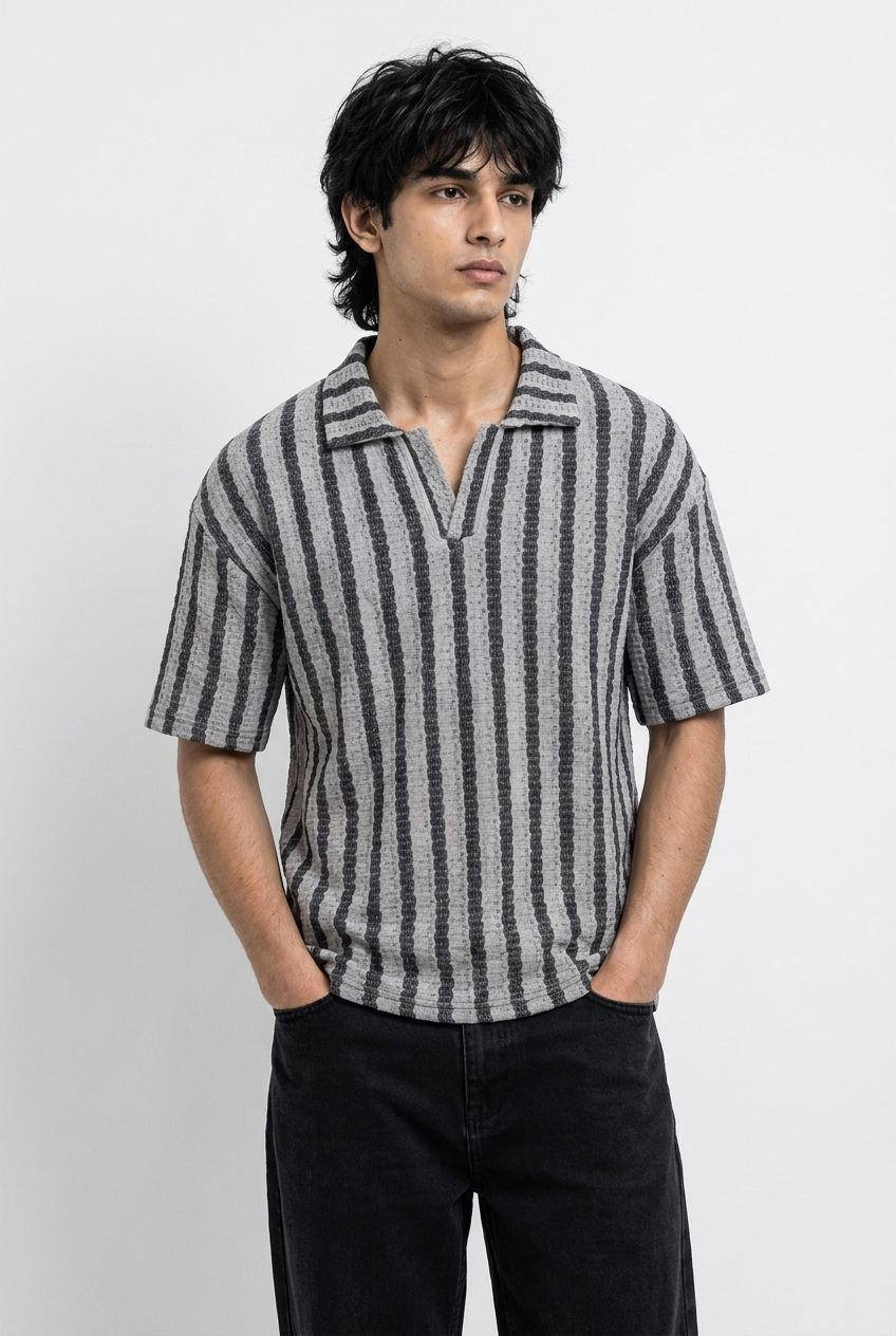 Gambluss Grey & Black Striped Turkish Textured Drop Shoulder Polo Shirt | Premium Men's Knit Polo