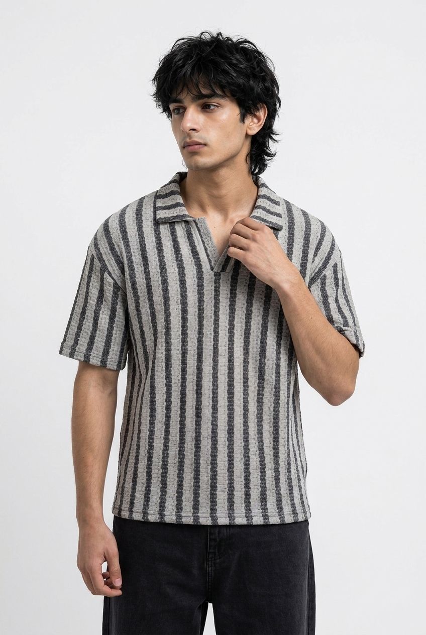 Gambluss Grey & Black Striped Turkish Textured Drop Shoulder Polo Shirt | Premium Men's Knit Polo