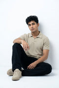 Gambluss Knitted Cotton Textured Johnny Collar Polo Shirt - Beige