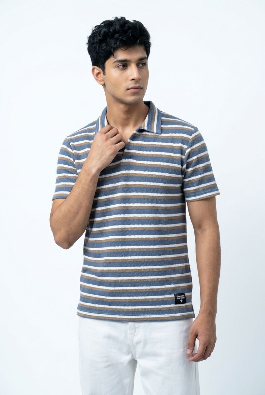 Gambluss Pack of 2 Knitted Cotton Textured Beige and Stripper Polo Shirts
