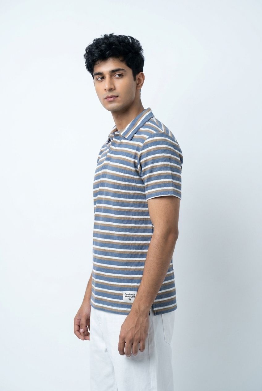 Gambluss Knitted Cotton Textured Striped Polo Shirt | Premium Men's Cotton Blend Polo