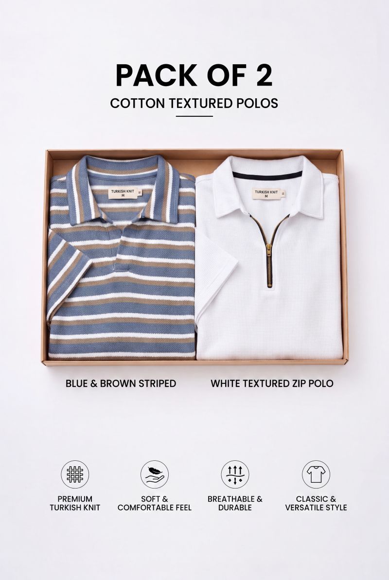 Gambluss Pack of 2 Knitted Cotton Textured White and Stripper Polo Shirts