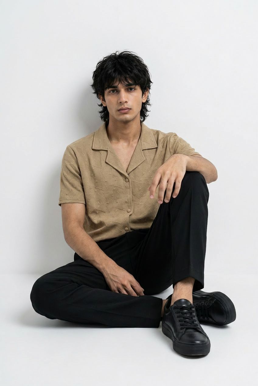 Pack Of Two Johnny and Cuban Collar Textured Polo Shirts - Black and Beige