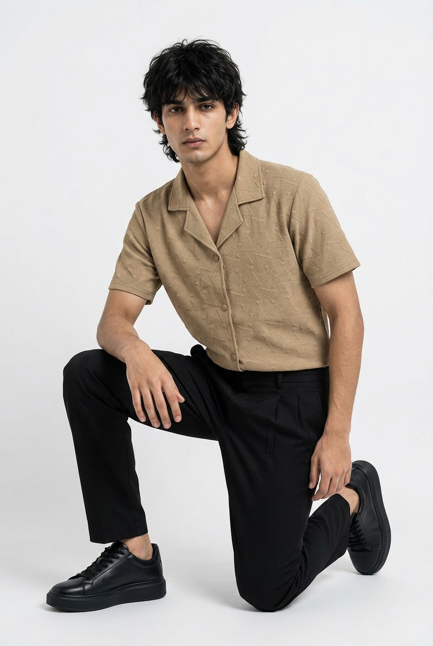 Gambluss Peanut Brown Textured Cuban Collar Shirt | Premium Men's Stretch Half Sleeve Shirt