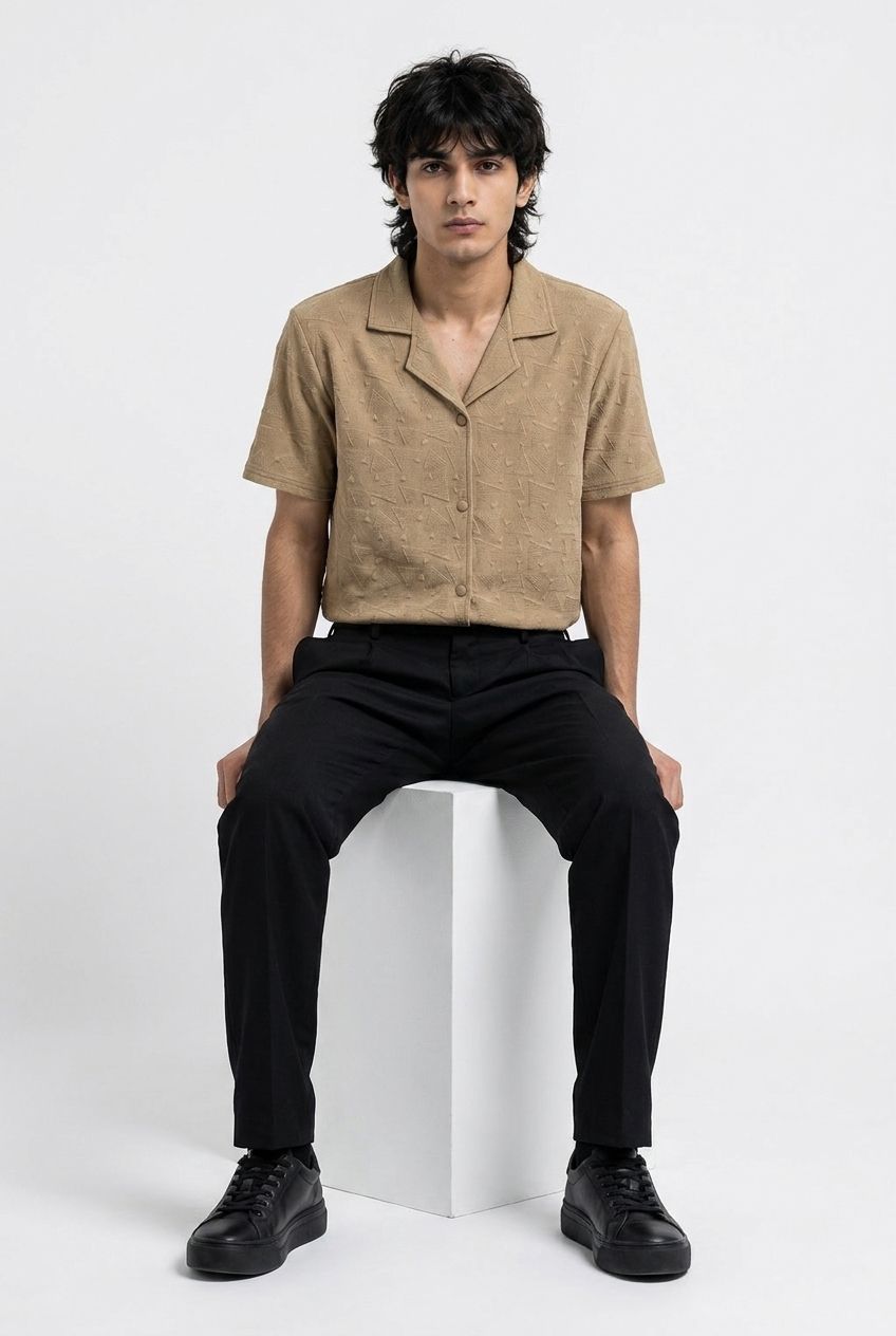 Gambluss Peanut Brown Textured Cuban Collar Shirt | Premium Men's Stretch Half Sleeve Shirt