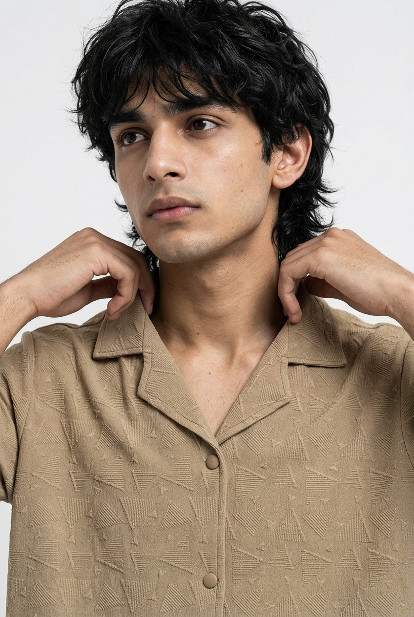 Gambluss Peanut Brown Textured Cuban Collar Shirt | Premium Men's Stretch Half Sleeve Shirt