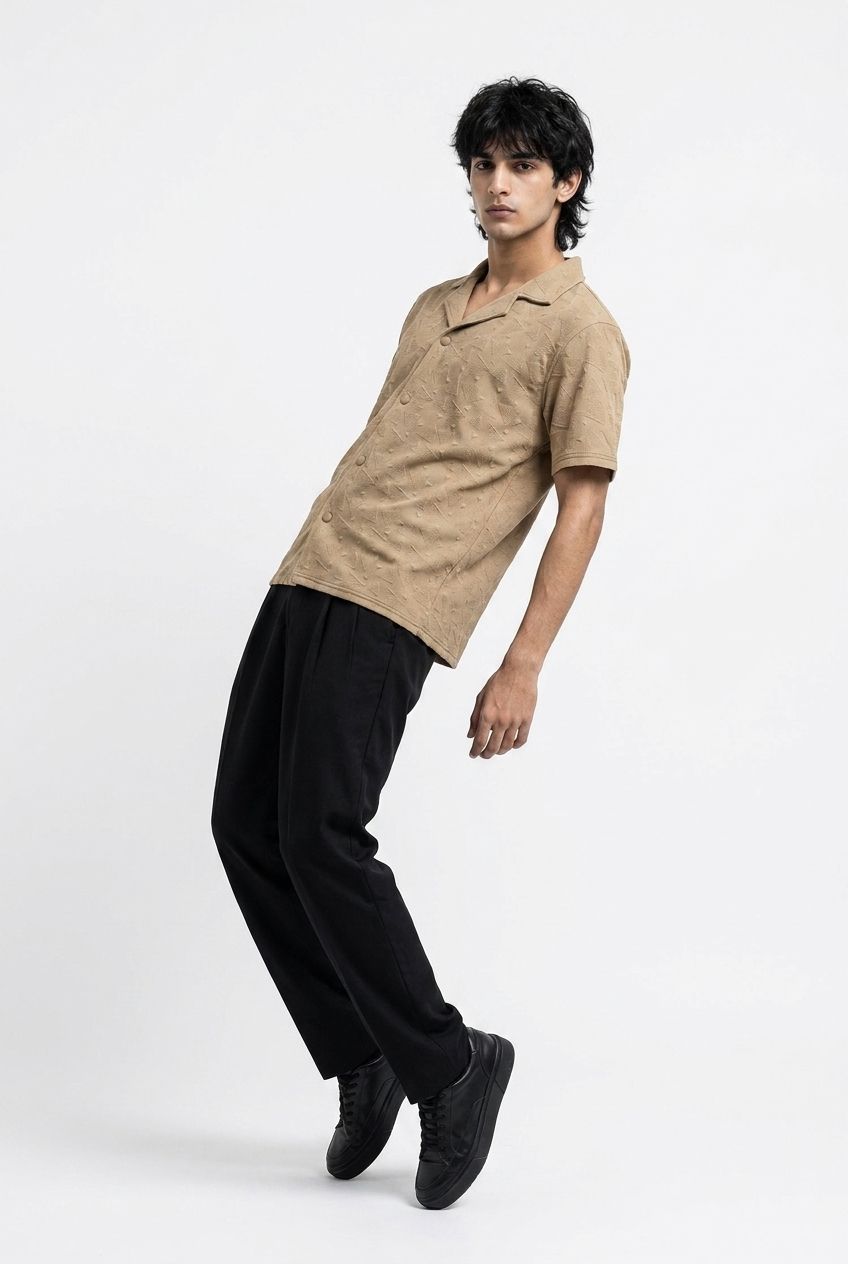 Pack Of Two Johnny and Cuban Collar Textured Polo Shirts - Black and Beige