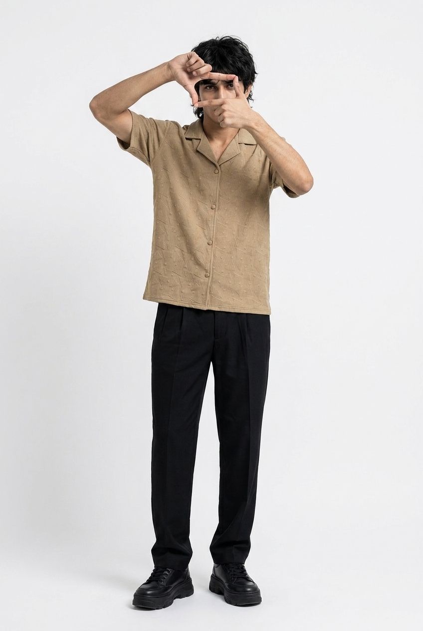 Pack Of Two Johnny and Cuban Collar Textured Polo Shirts - Black and Beige