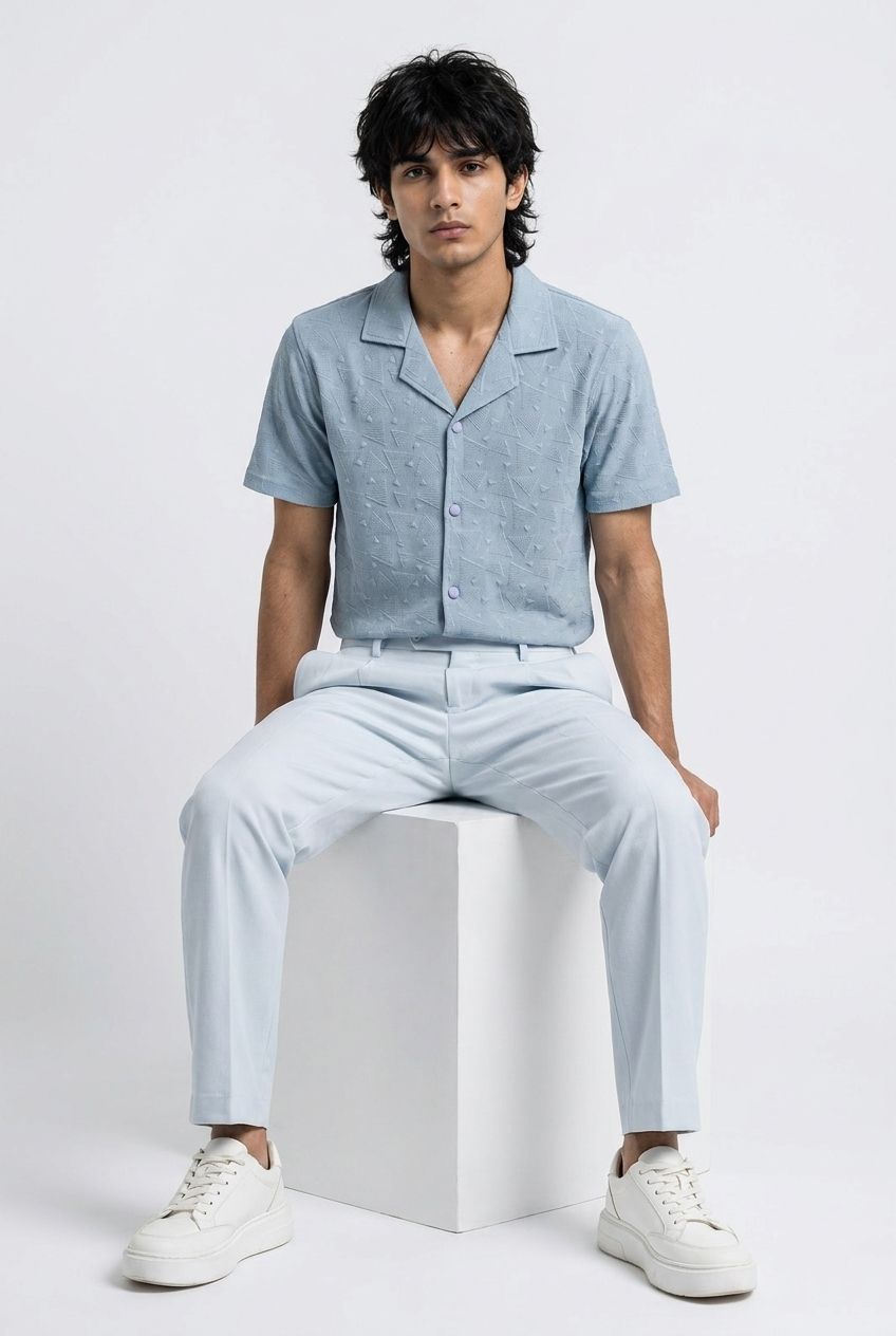 Gambluss Slate Grey Textured Cuban Collar Shirt | Premium Men's Stretch Half Sleeve Shirt