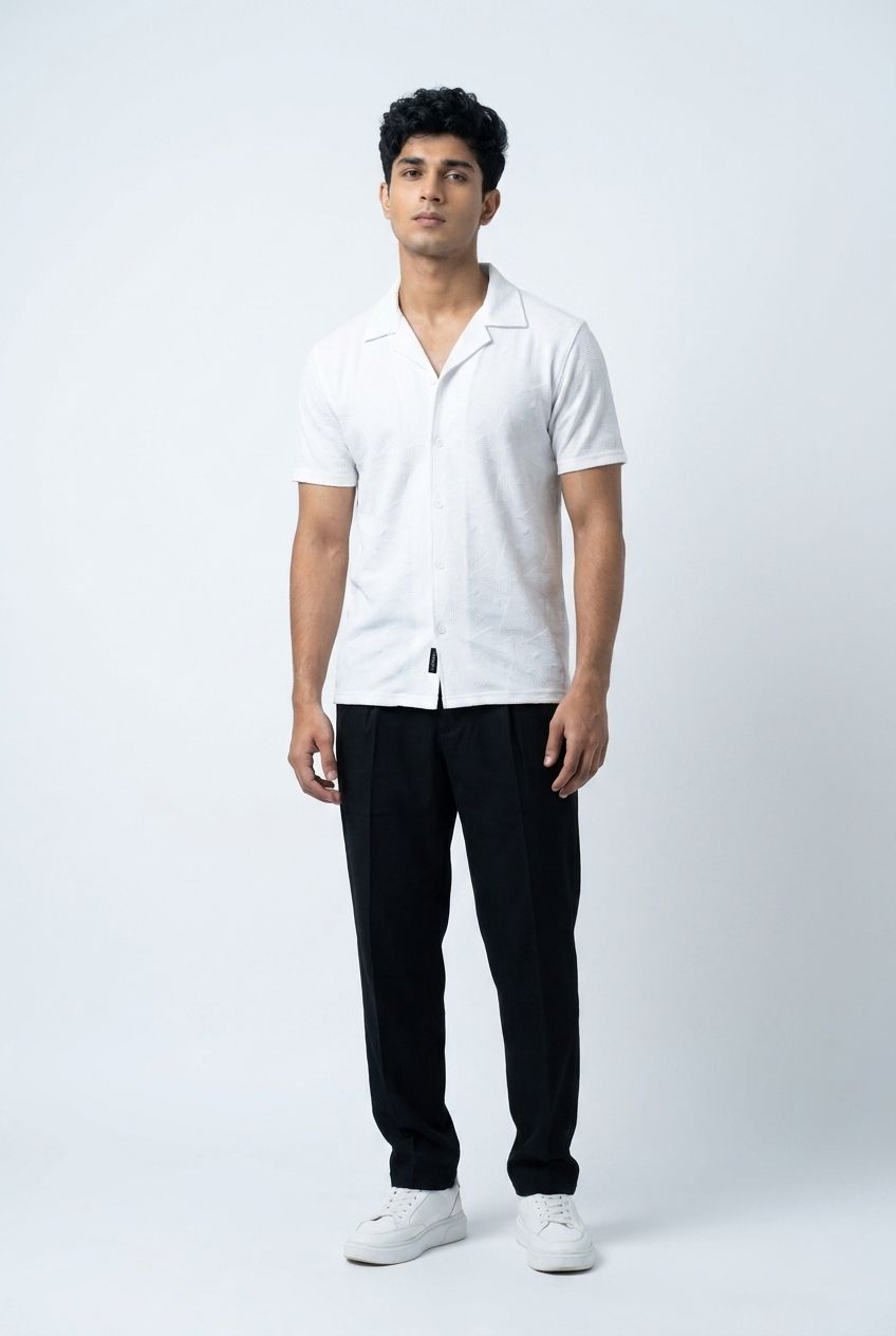 Gambluss White Textured Cuban Collar Shirt | Premium Men's Stretch Half Sleeve Shirt