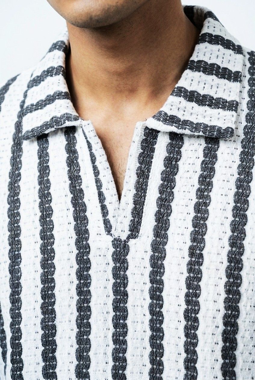 Gambluss White & Black + Beige & Black Striped Turkish Textured Drop Shoulder Polo Shirt | Bundle Of 2
