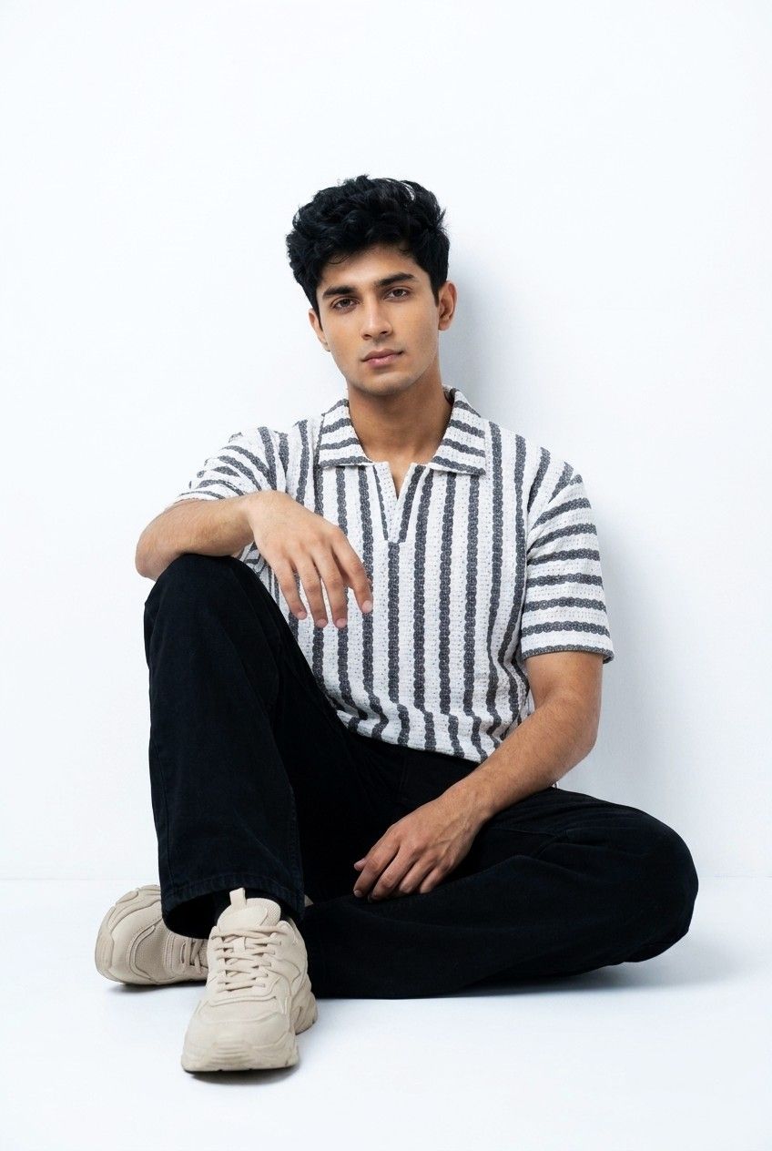 Gambluss White & Black + Beige & Black Striped Turkish Textured Drop Shoulder Polo Shirt | Bundle Of 2