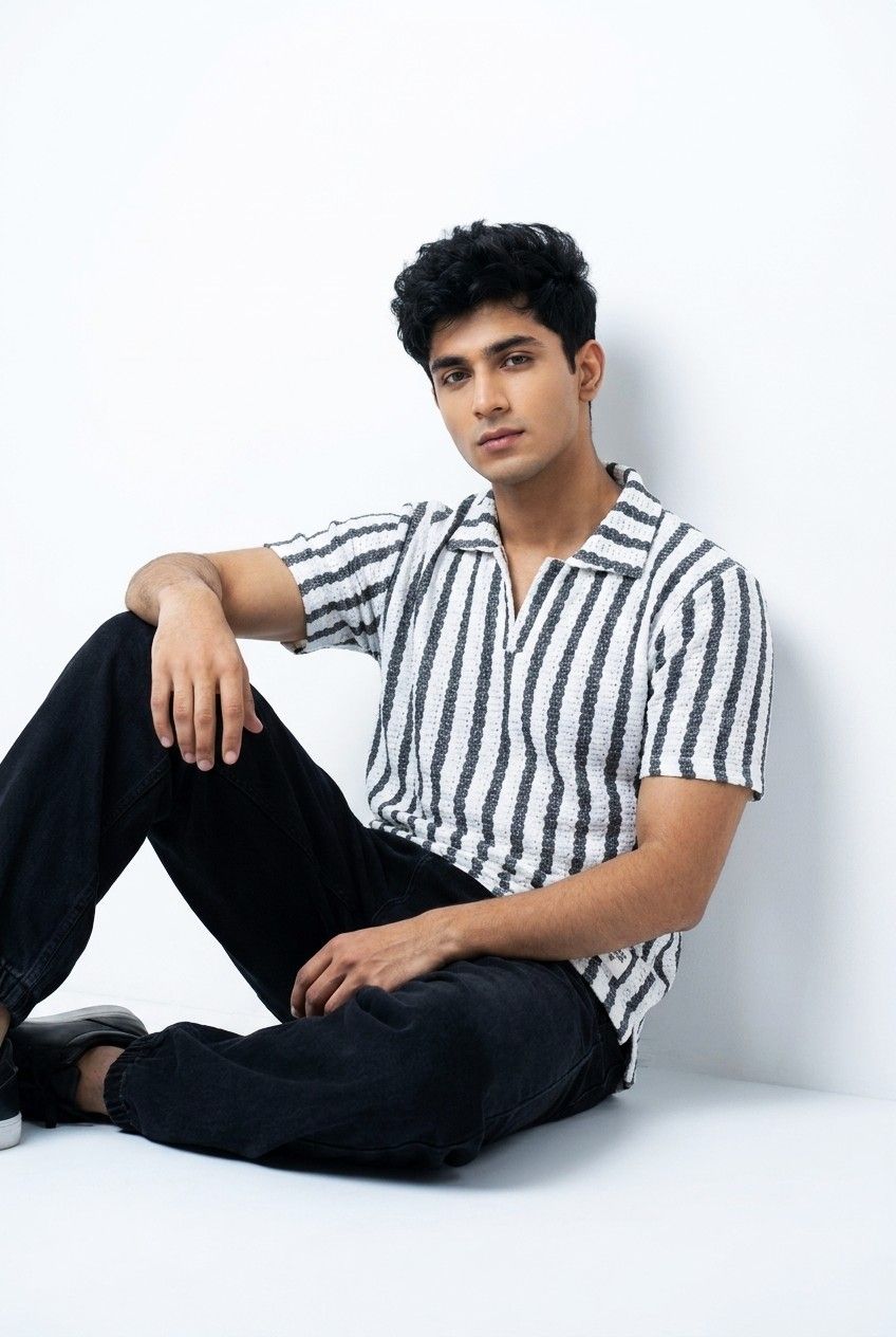 Gambluss White & Black + Beige & Black Striped Turkish Textured Drop Shoulder Polo Shirt | Bundle Of 2