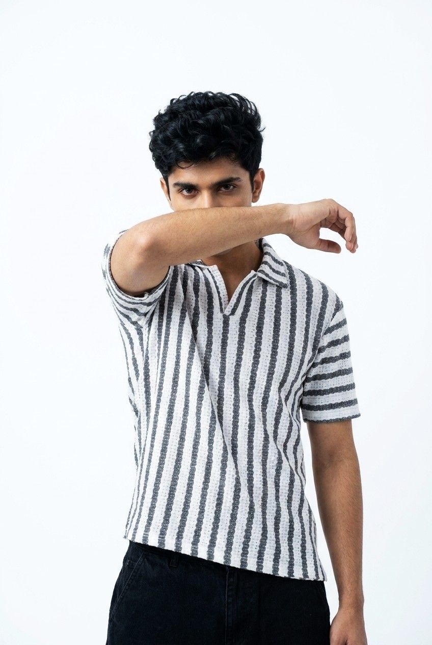 Gambluss White & Black + Beige & Black Striped Turkish Textured Drop Shoulder Polo Shirt | Bundle Of 2
