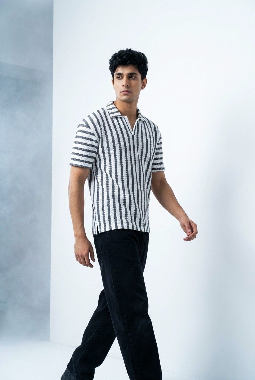 Gambluss White & Black + Beige & Black Striped Turkish Textured Drop Shoulder Polo Shirt | Bundle Of 2