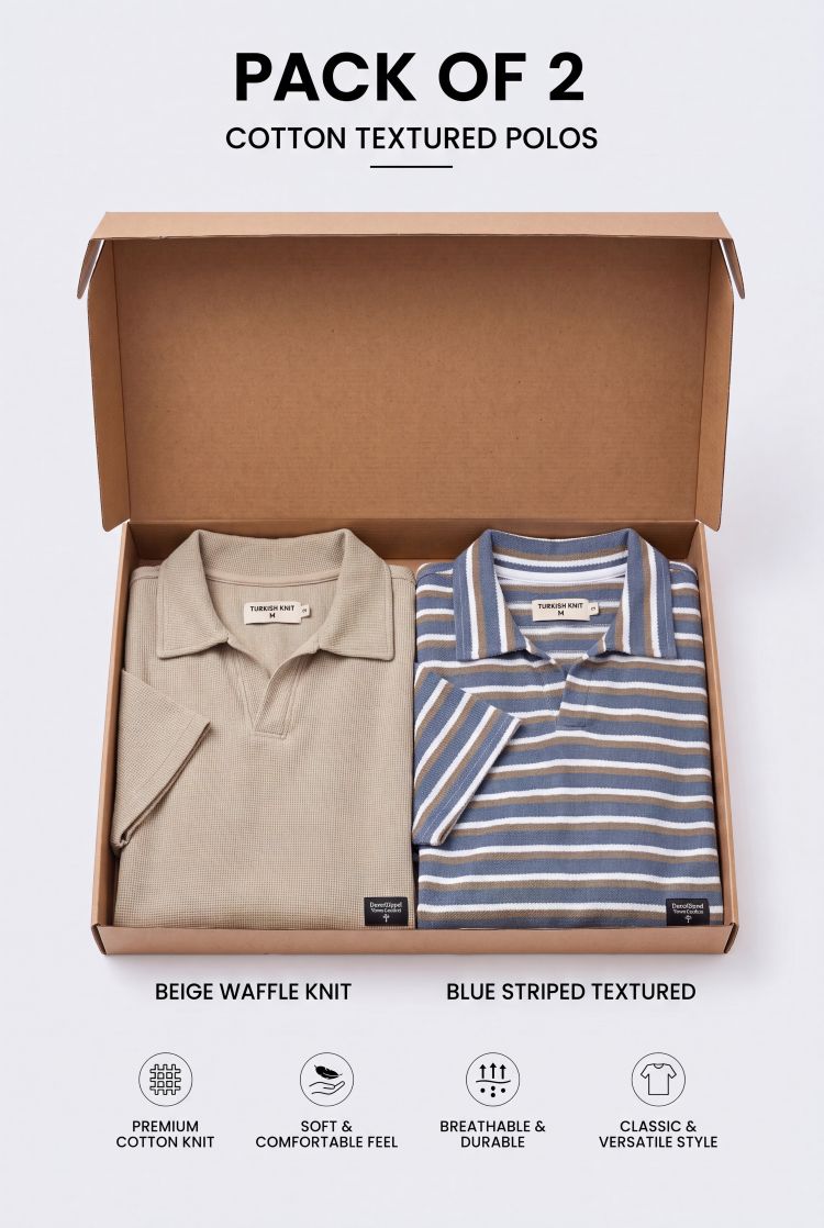 Gambluss Pack of 2 Knitted Cotton Textured Beige and Stripper Polo Shirts