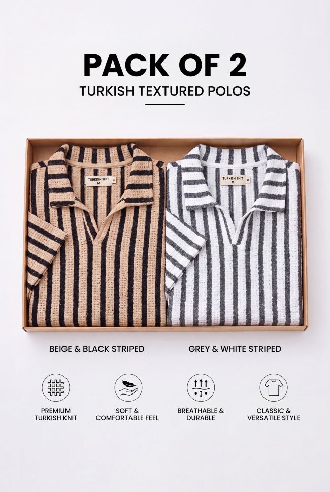 Gambluss White & Black + Beige & Black Striped Turkish Textured Drop Shoulder Polo Shirt | Bundle Of 2