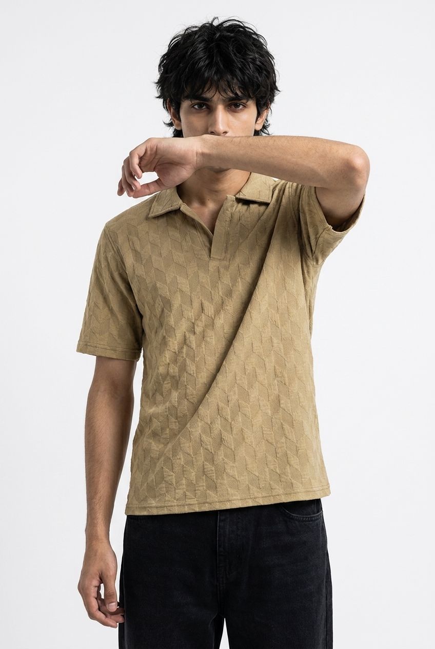 Johnny Collar Embossed Textured Polo Shirt for Men | Beige