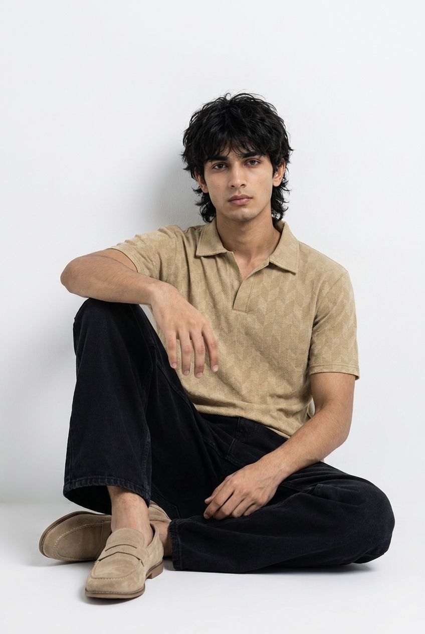 Johnny Collar Embossed Textured Polo Shirt for Men | Beige