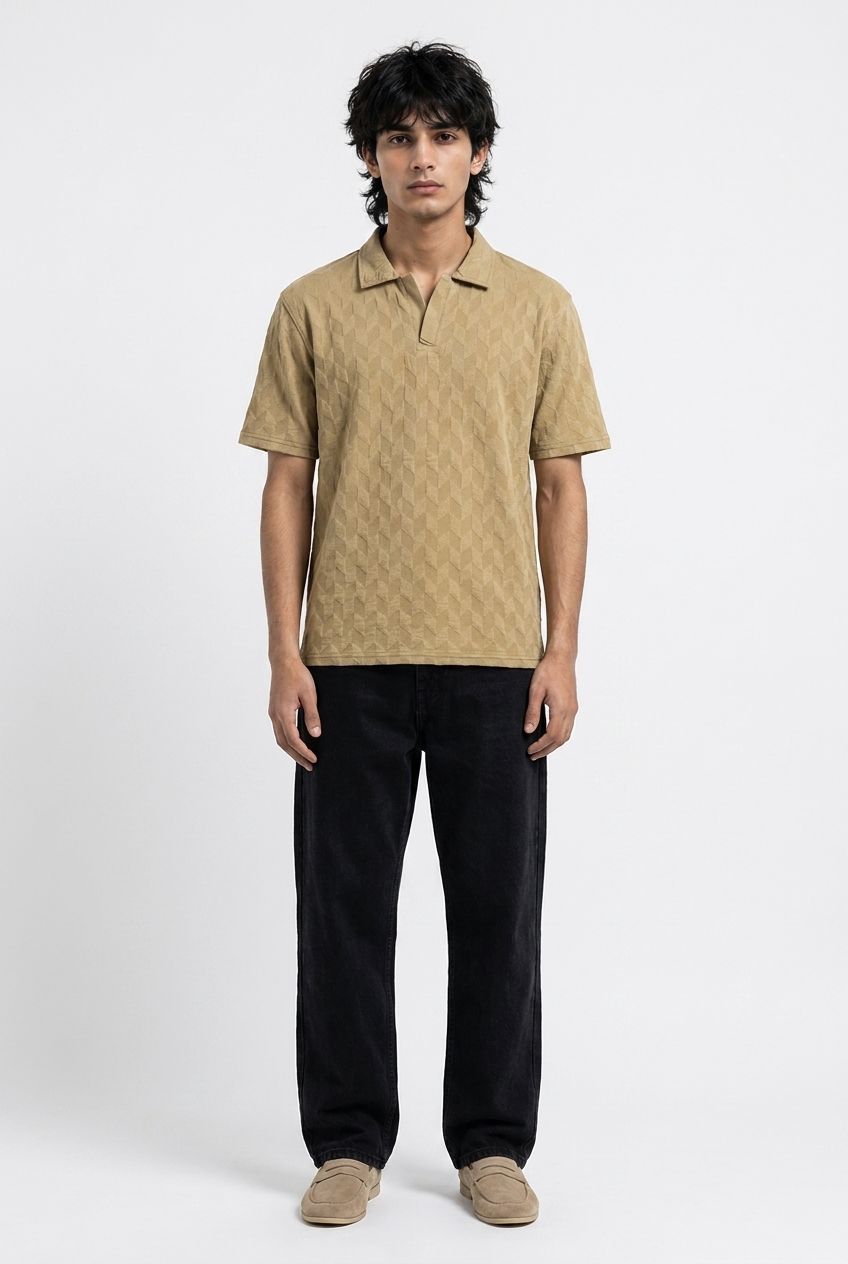 Johnny Collar Embossed Textured Polo Shirt for Men | Beige