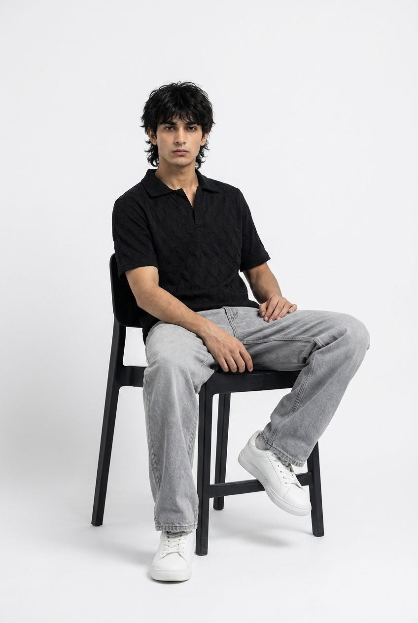 Pack Of Two Johnny and Cuban Collar Textured Polo Shirts - Black and Beige