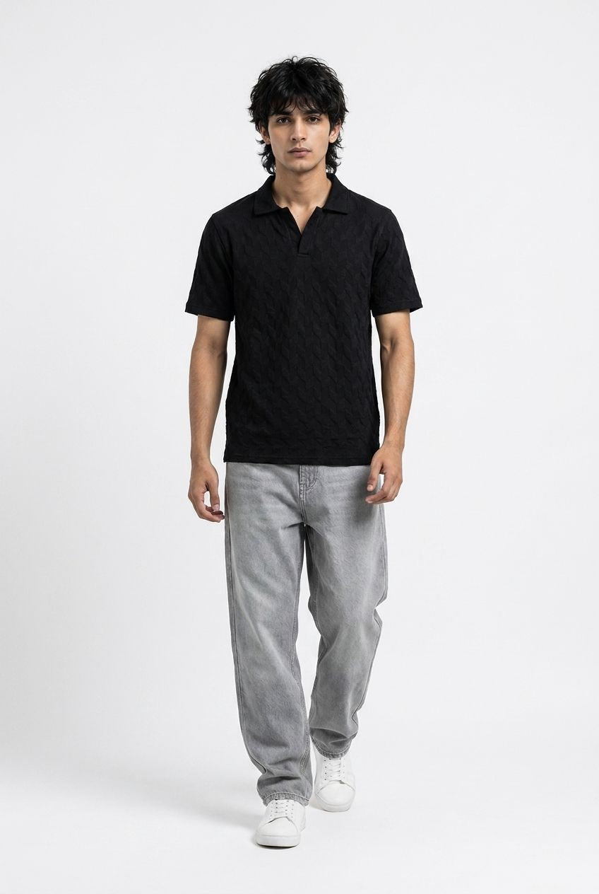 Pack Of Two Johnny and Cuban Collar Textured Polo Shirts - Black and Beige