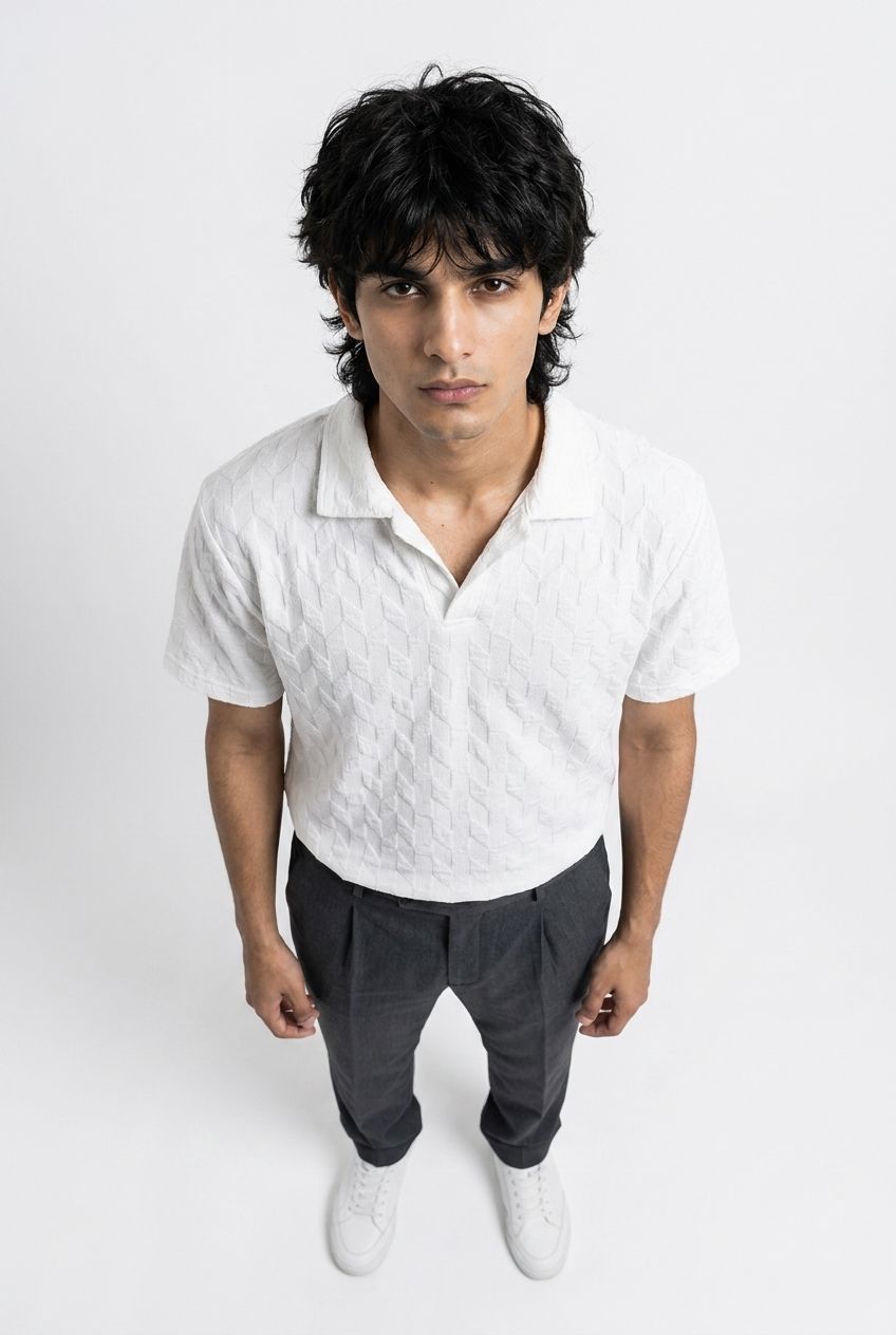 Johnny Collar Embossed Textured Polo Shirt for Men | White