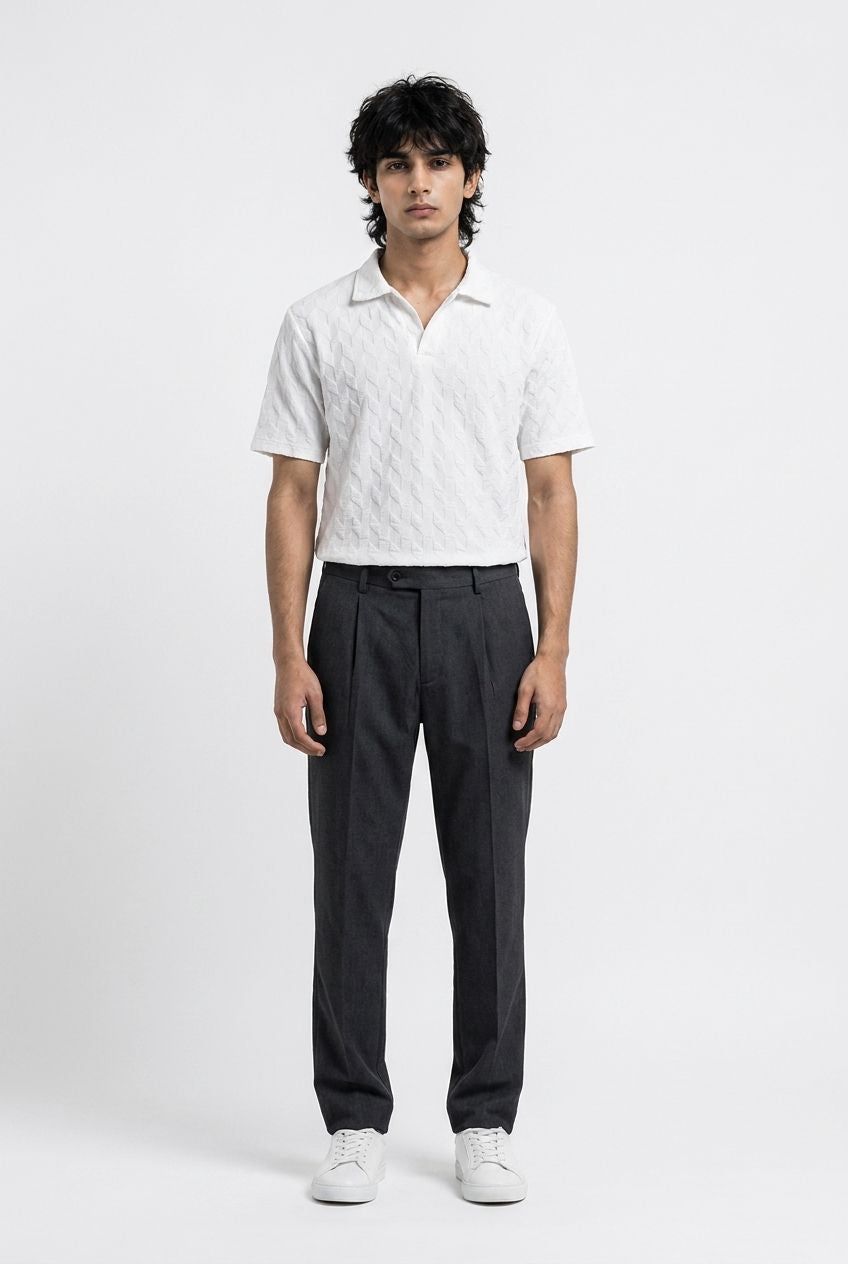 Johnny Collar Embossed Textured Polo Shirt for Men | White