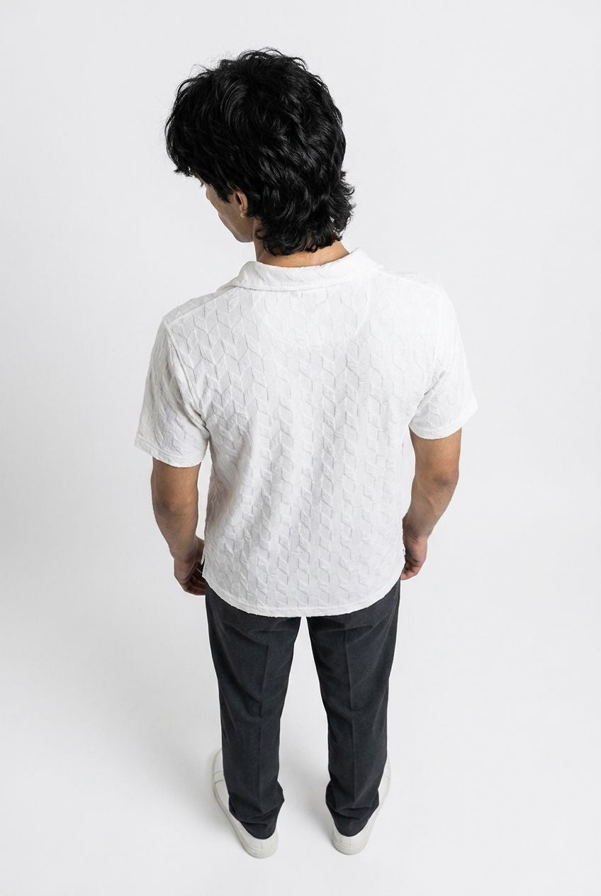 Johnny Collar Embossed Textured Polo Shirt for Men | White