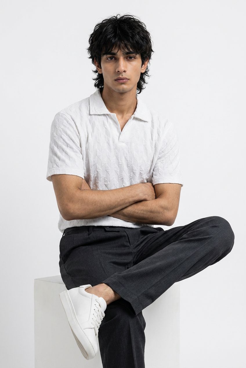 Johnny Collar Embossed Textured Polo Shirt for Men | White