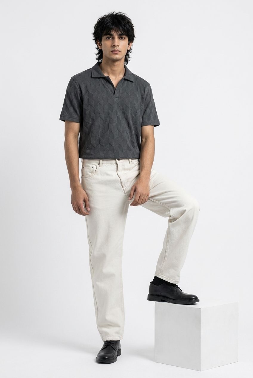 Johnny Collar Embossed Textured Polo Shirt for Men | charcoal