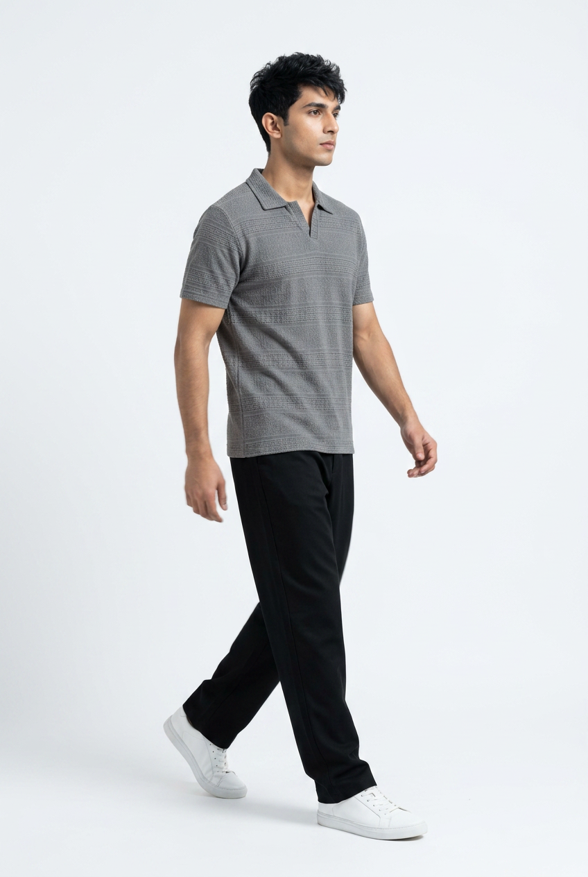 Men’s Grey Textured Turkish Polo Shirt – Johnny Collar | Stretchable Breathable Premium Fabric