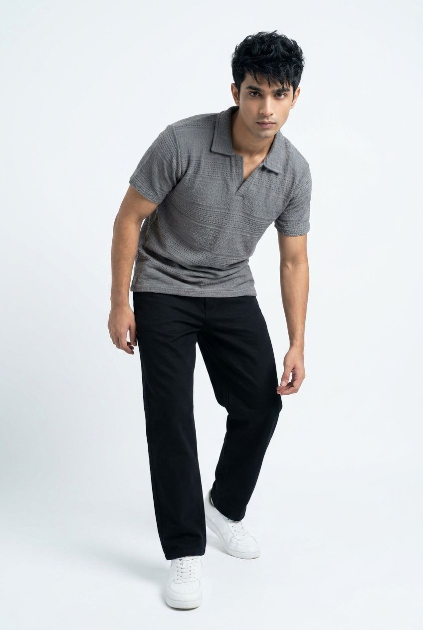 Men’s Grey Textured Turkish Polo Shirt – Johnny Collar | Stretchable Breathable Premium Fabric