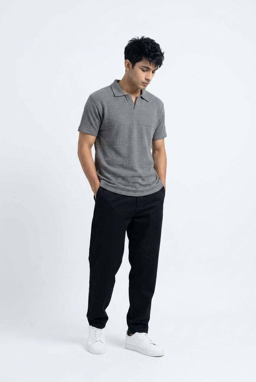 Men’s Grey Textured Turkish Polo Shirt – Johnny Collar | Stretchable Breathable Premium Fabric