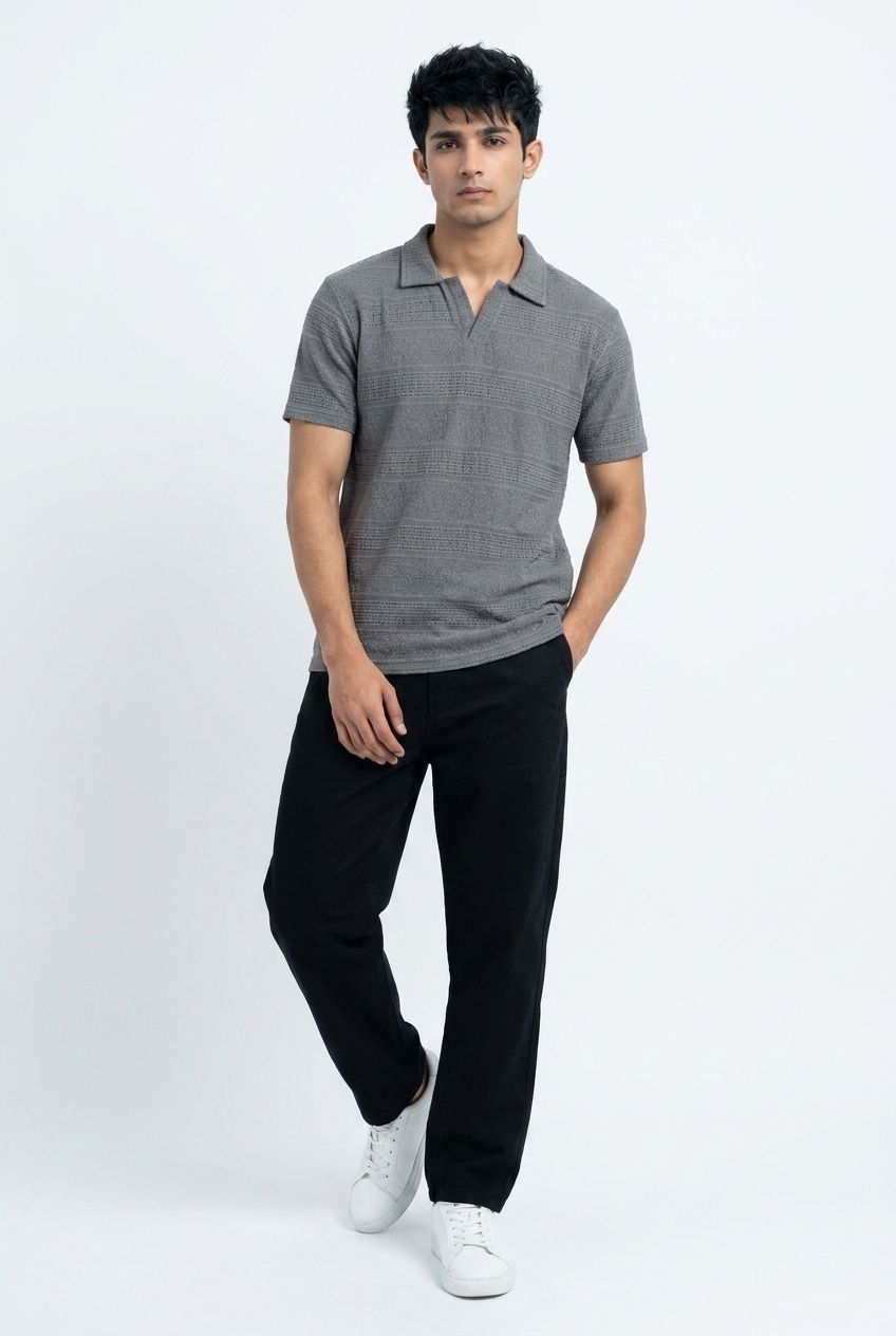 Men’s Grey Textured Turkish Polo Shirt – Johnny Collar | Stretchable Breathable Premium Fabric