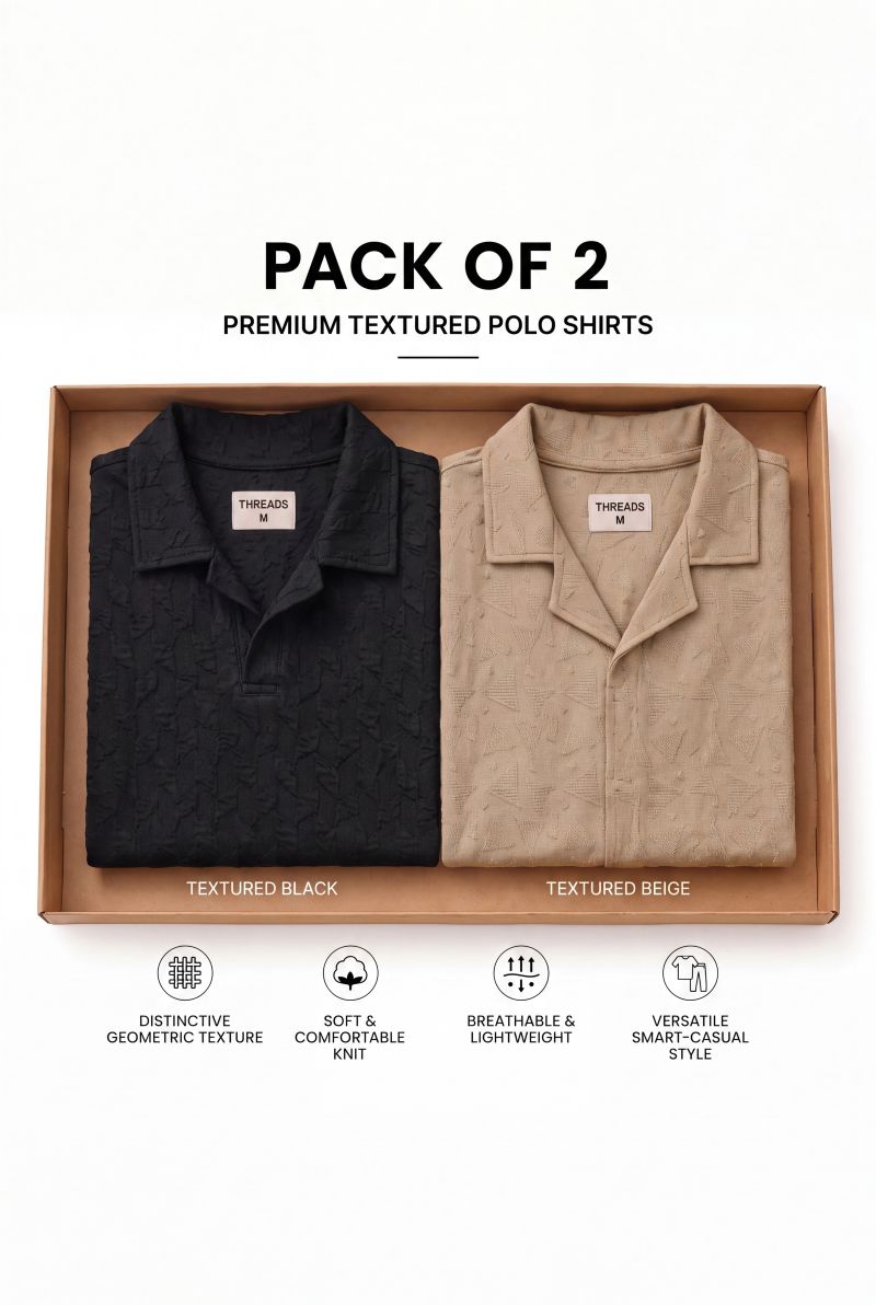 Pack Of Two Johnny and Cuban Collar Textured Polo Shirts - Black and Beige
