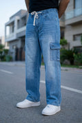 Gambluss Draw String Baggy Denim Cargo Pants – Stone Blue